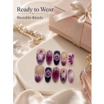 3D Purple Carved Floral Press‑On Nails, Medium Almond Black‑Purple Gradient Rhinestone False Nails